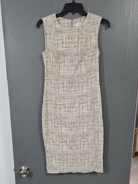 Calvin Klein Taupe & White Sleeveless Midi Sheath Dress